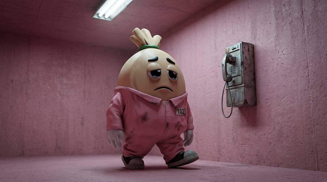 BAGTWERK in a pink cell, staring at a payphone